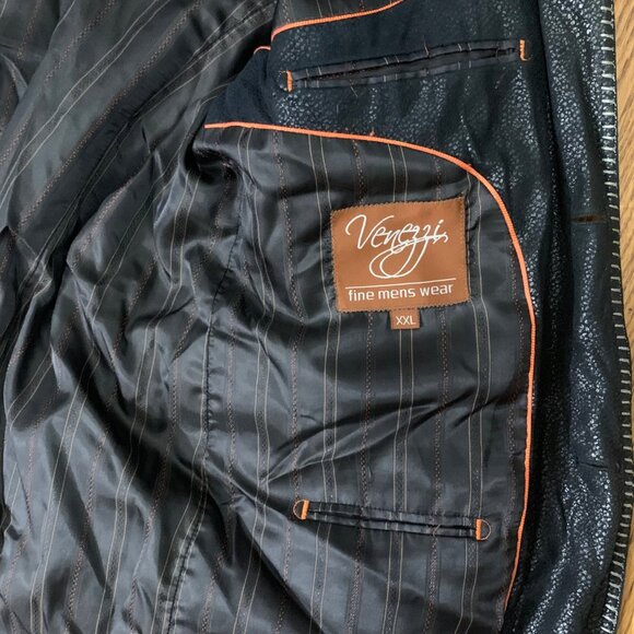 VENEZZI Fine Mens Wear Black Textured Faux Leather Blazer Jacket XXL Stitching - Picture 5 of 7